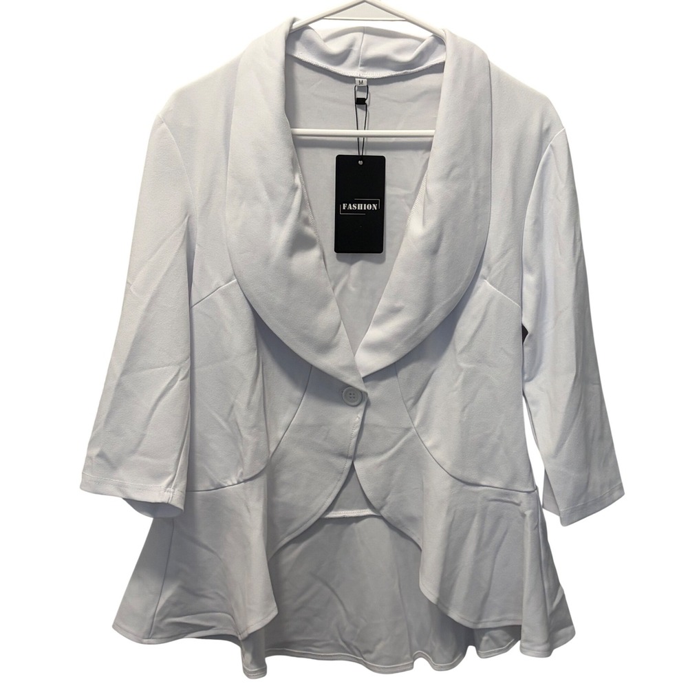 Kohl's White Single Button Blazer 3/4 Sleeves High Low Hem Women's Medium NWT
